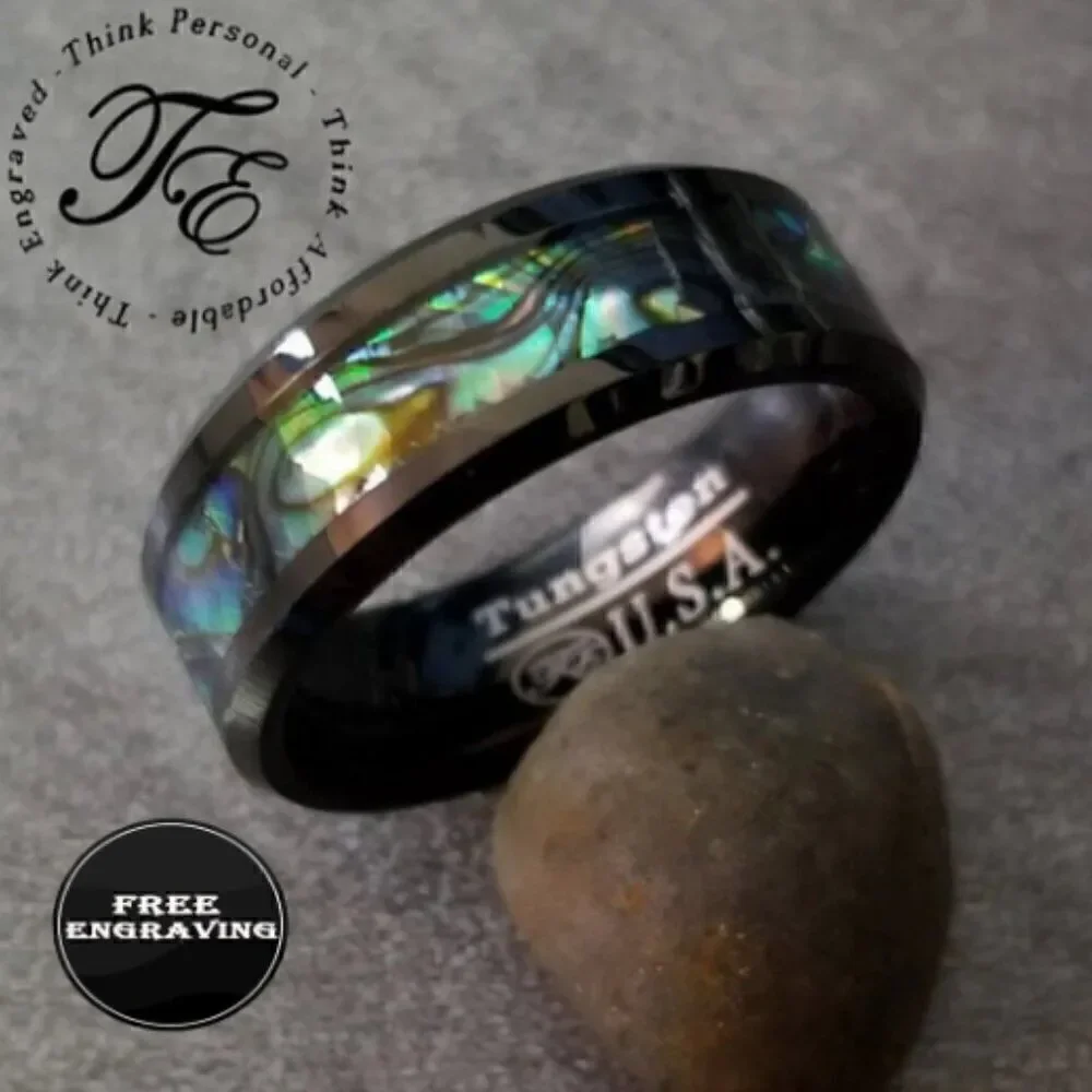Personalized Engraved Men's Abalone Tungsten Wedding Ring or Promise ring